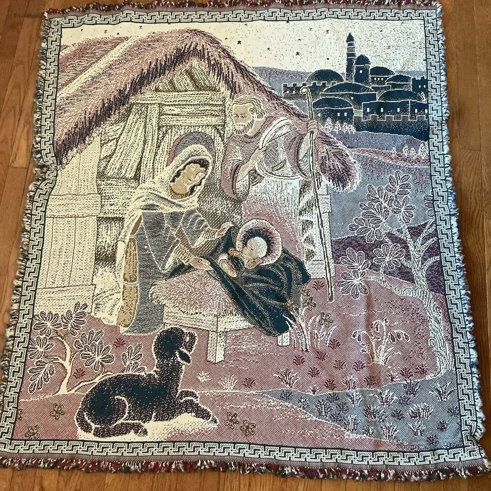 Nativity Throw Blanket 58x52 Christmas Bethlehem Jesus Woven Tapestry Religious